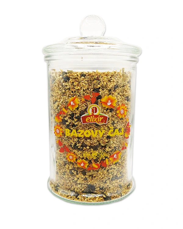 Produktové balenie Bazový čaj - sypaný čaj v sklenenej dóze 330ml