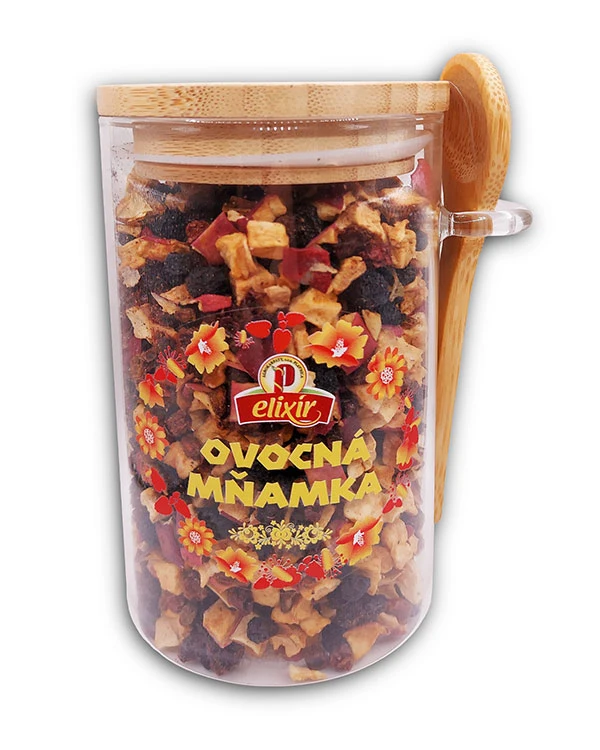 Produktové balenie Ovocná mňamka - sypaný čaj v skle s lyžičkou