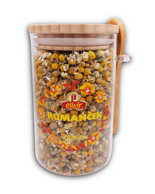 Produktové balenie Rumanček kamilkový - sypaný čaj v skle s lyžičkou