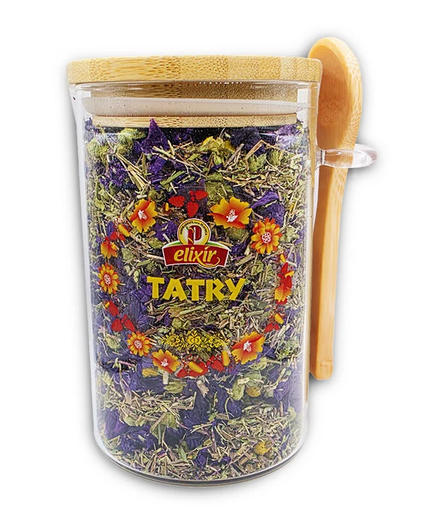Produktové balenie Tatry - sypaný čaj v skle s lyžičkou