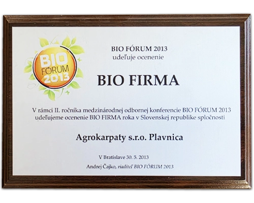 Ocenenie - BIO FIRMA roka v Slovenskej Republike. BIO FÓRUM